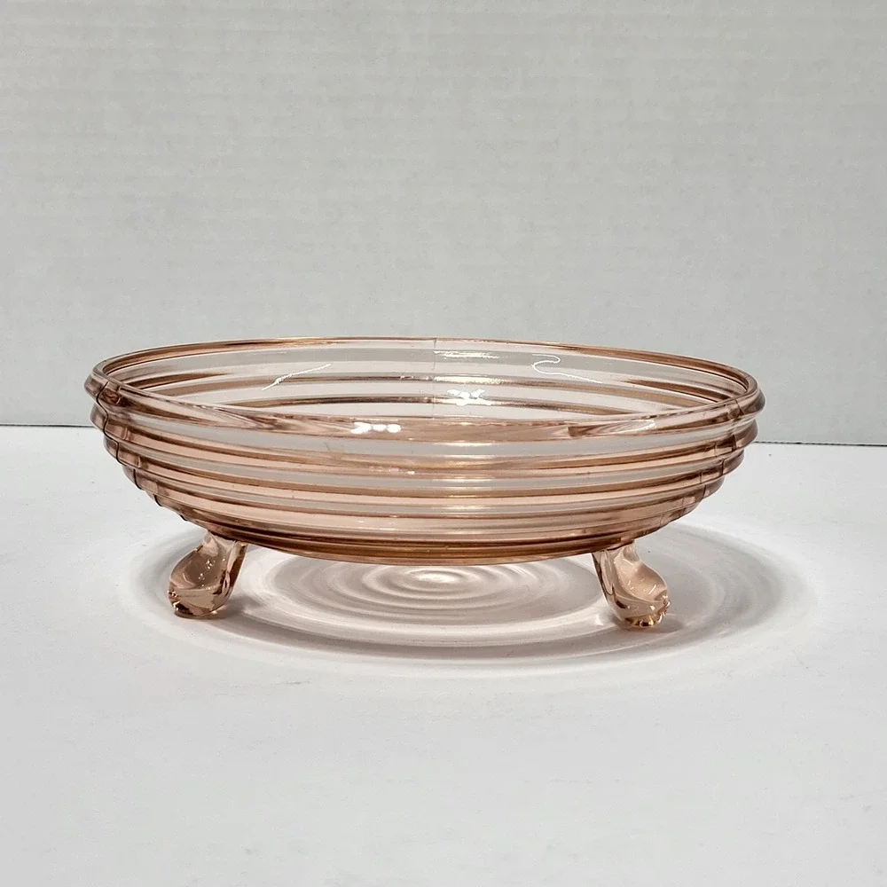 Vintage Pink Depression Glass Ribbed Footed Bowl Art Deco Candy Dish 6.25in